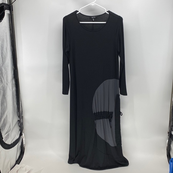 Comfy USA black grey cinched midi dress lagenlook - Picture 1 of 8
